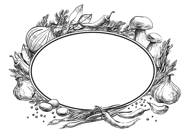 Center oval double frame empty for text around it are located spices, herbs, condiments and vegetables, strokes and black lines hand drawing on chalkboard for menu design restaurants, cafes, bistros, vector, white background Royalty Free Stock Illustrations