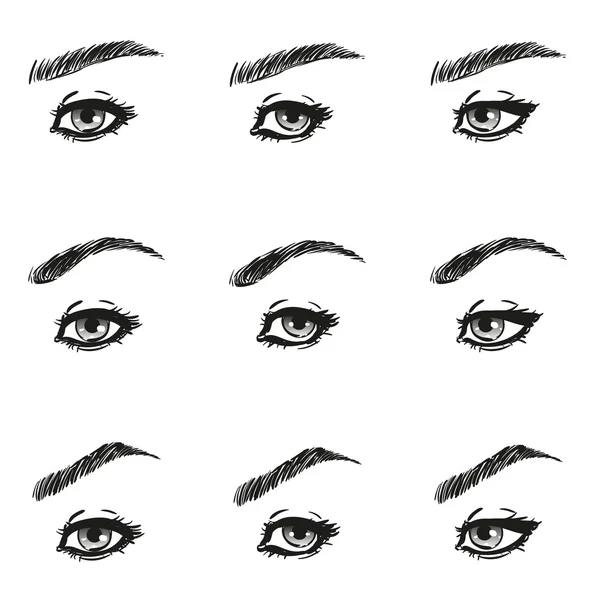 Iconos conjunto ojo femenino con pestañas largas y cejas diferentes formas mirar hacia adelante a la izquierda a la derecha, negro, blanco para mostrar los diagramas de diseño de maquillaje e instrucciones, objetos vectoriales aislados — Vector de stock