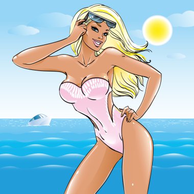 Güzel tabaklanmış sarışın kız bikini mayo dalgalar deniz, okyanus ve tropik güneş zemin karşı sahilde durup gözlüklü resort seyahat yaz tatile rahatlatıcı, vektör