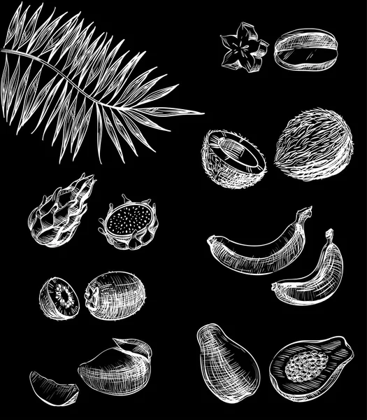그래픽, 스트로크 설정 아이콘 열 대 과일, 이국적인 식사, 주스, 디저트, 화이트 블랙, 반전에 벡터 디자인 메뉴 레스토랑, 카페, 비스트로, 식품 포장에 대 한 칠판에 그려진 — 스톡 벡터