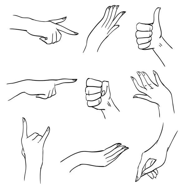 Set of hands and fingers in different positions and gestures, graphic strokes, black and white body part for illustrations, design diagrams and instructions, isolated vector objects — Stock Vector