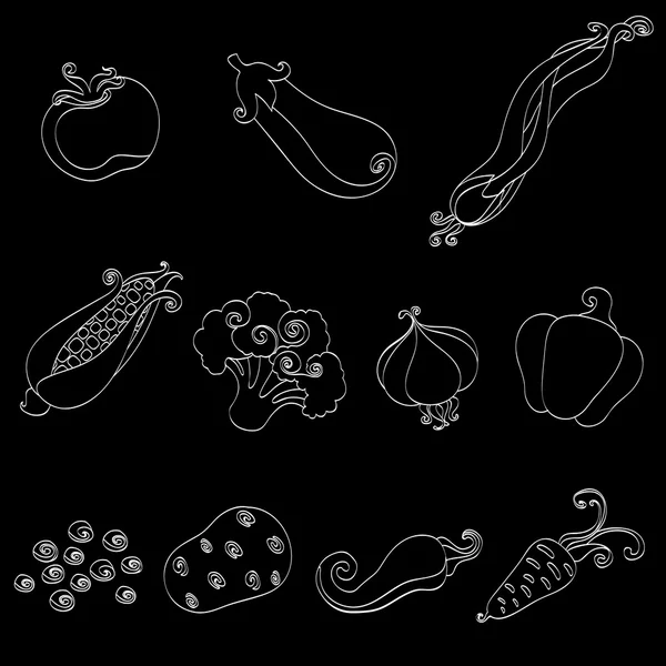 Conjunto de iconos verduras tomate, maíz, berenjena, cebolla, guisantes, patatas, ajo, zanahorias, chile, brócoli imagen divertida, objetos para el menú, ilustraciones y folletos, líneas blancas en un negro, vector de inversión — Archivo Imágenes Vectoriales