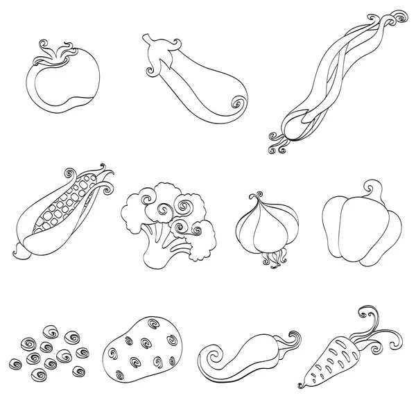 Set pictogrammen groenten tomaat, maïs, aubergine, uien, erwten, aardappelen, knoflook, wortelen, chilipepertjes, broccoli objecten zwarte lijnen voor menu, grappige illustraties voor boekjes en coloring, geïsoleerd vector — Stockvector