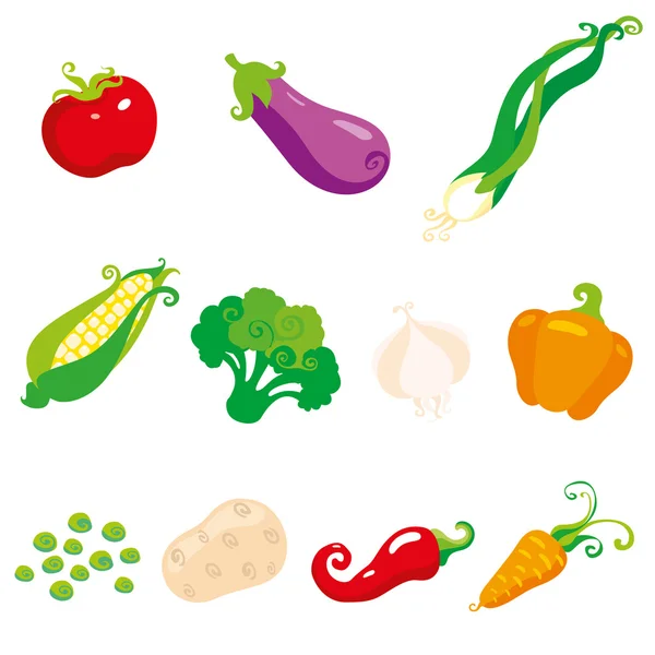 Set pictogrammen groenten tomaat, maïs, aubergine, uien, erwten, aardappelen, knoflook, wortelen, chilipepertjes, broccoli vlakke stijl kleurenafbeelding voor menu, grappige illustraties voor brochures en boeken, geïsoleerd vector — Stockvector