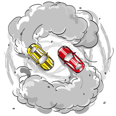 İki yarış otomobillerinin bir skid yayılan duman içinde olduğunu sırayla hızda bırakarak yolda lastik izleri Hobiler rekabet sürüklenen doğa sporları, izole vektör kaldırımda yürümek