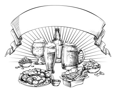 Farklı cam bardaklar, şişe, kutu bira ve aperatifler eğri boş bant, metnin üstüne kurdele ile. El çizimi kompozisyon Oktoberfest, Restoran Menü, pub, bistro, bar, izole vektör için kroki 
