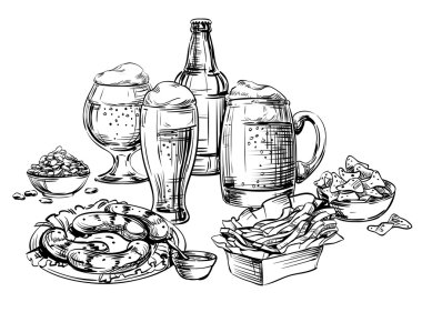 Farklı cam bardaklar, şişe, kutu bira ve aperatifler eğri boş bant, metnin üstüne kurdele ile. El çizimi kompozisyon Oktoberfest, Restoran Menü, pub, bistro, bar, izole vektör için kroki 