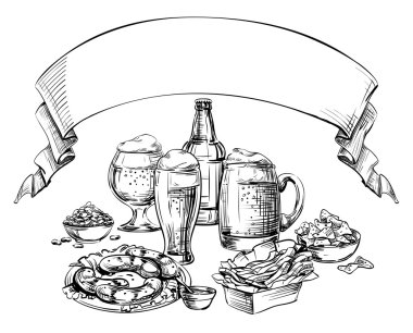 Farklı cam bardaklar, şişe, kutu bira ve aperatifler eğri boş bant, metnin üstüne kurdele ile. El çizimi kompozisyon Oktoberfest, Restoran Menü, pub, bistro, bar, izole vektör için kroki 