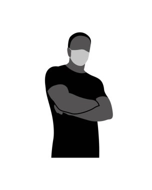 Man with crossed arms on his chest wearing a Surgical, Medical Face Mask that protects airborne diseases, viruses. Prevention of the COVID-19 pandemic. Air pollution Defence. Flat silhouette vector icon vector Man with crossed arms on his chest wearing a Surgical, Medical Face Mask that protects airborne diseases, viruses. Prevention of the COVID-19 pandemic. Air pollution Defence. Flat silhouette vector icon vector