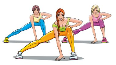 3 kız fitness kulübünde nişanlı. Grup sınıflar. Germe