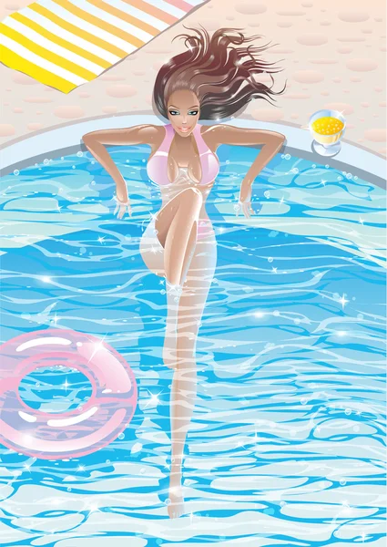 Sexy bronzé aux yeux bleus jeune élégante glamour fille piscine brune sur une chaude journée ensoleillée d'été repos assis dans la piscine et la vue d'en haut Cocktail boissons, vecteur — Image vectorielle