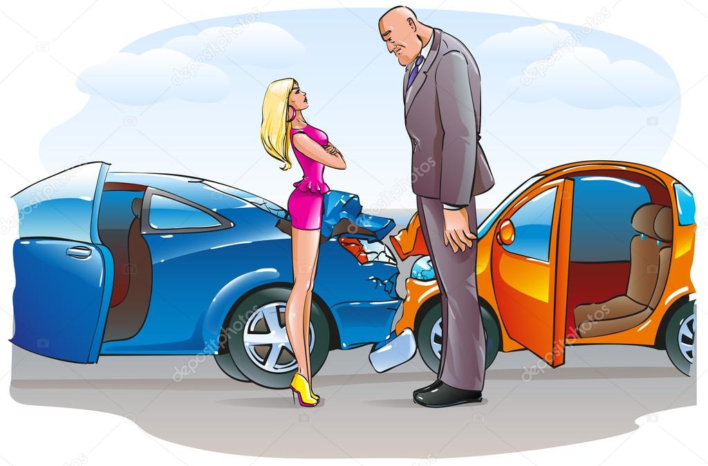Premium Vector  Illustration showing car crash with two people standing  near the cars