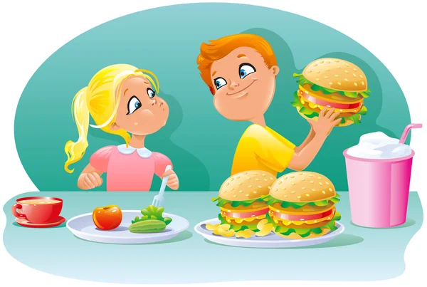 Petits enfants garçon et fille manger un sandwich malbouffe saine et grande hamburgers cheeseburgers chips snacks — Image vectorielle