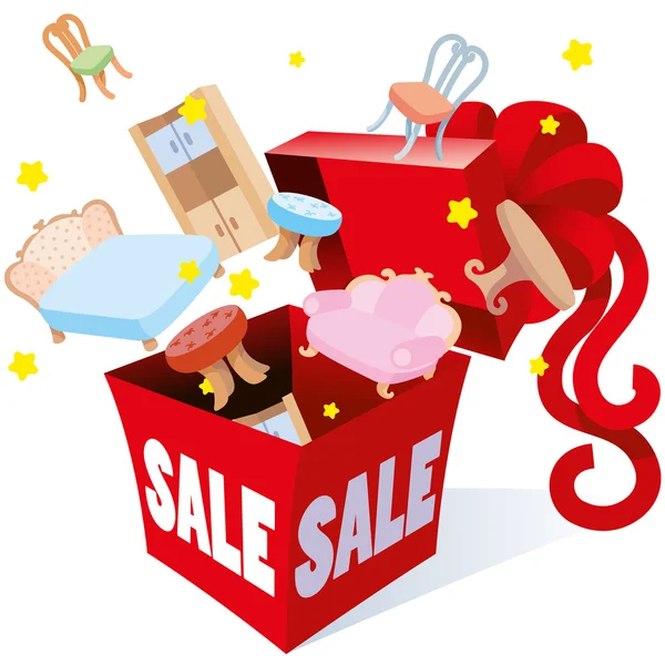 Holiday gift packaging box with bow inscription sale prices of which the fireworks are objects of different goods furnishings for the home, garden terrace, vector — Stock Illustration Holiday gift packaging box with bow inscription sale prices of which the fireworks are objects of different goods furnishings for the home, garden terrace, vector Royalty Free Stock Vectors