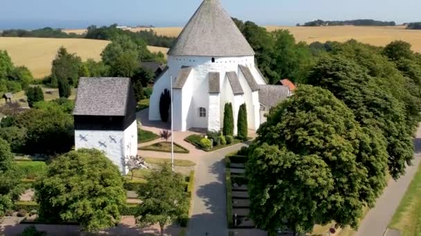 Aerial View of Osterlars Church on Bornholm, Denmark — ストック動画