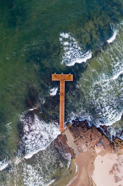 Drone View of Wooden Pier in Sandvig on Bornholm Island — Stock Photo, Image