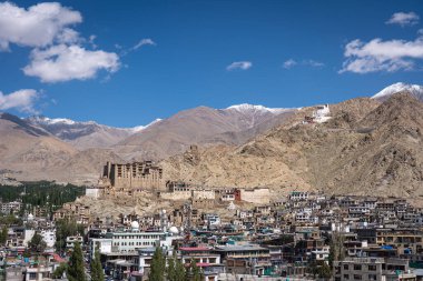 Leh, Hindistan - 17 Eylül 2025: Leh Sarayı ve arka planda karlı dağlar ile şehri görün