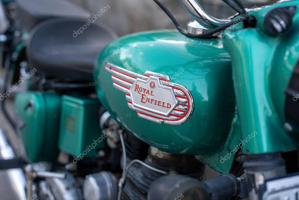 Leh, India - September 11, 2024: A Royal Enfield Bullet 350 motorbike parked on the side of a road