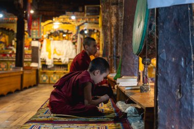 Thiksey, Hindistan - 17 Eylül 2025: Thiksey Manastırı 'ndaki günlük sabah töreninde keşişler