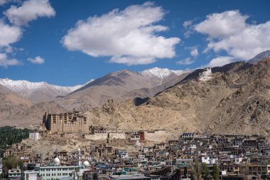 Leh, Hindistan - 12 Eylül 2024: Leh Sarayı ile şehir manzarası ve arka planda karlı dağlar