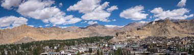 Leh, Hindistan - 12 Eylül 2024: Leh Sarayı ile şehir manzarası ve arka planda karlı dağlar