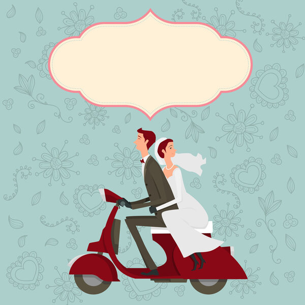 Groom and bride character wedding invitation card template modern design flat icon for marriage. isolated on blue background. graphic vector illustration. married concept.