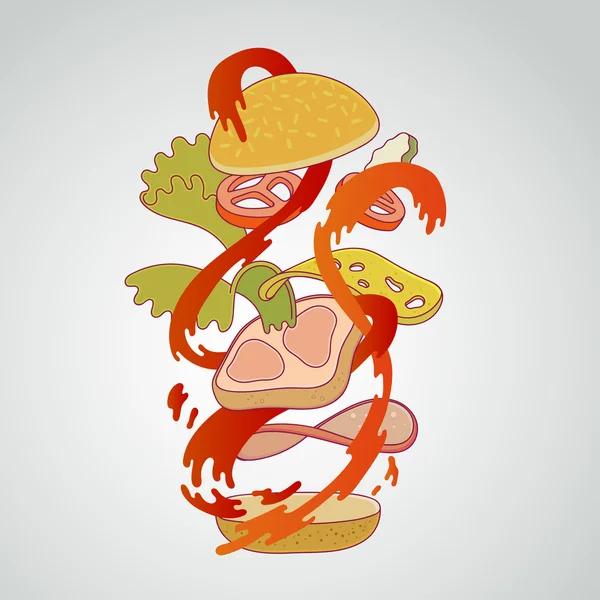 Гамбургер падает в соус всплеск, векторная иллюстрация дизайн шаблон с нездоровой пищи в модном линейном стиле . — стоковый вектор