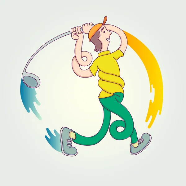 Cartone animato personaggio, Giovane golfista colpire un colpo con un ferro da stiro. Modello di design Vector Illustration con sport in stile lineare alla moda . — Vettoriale Stock