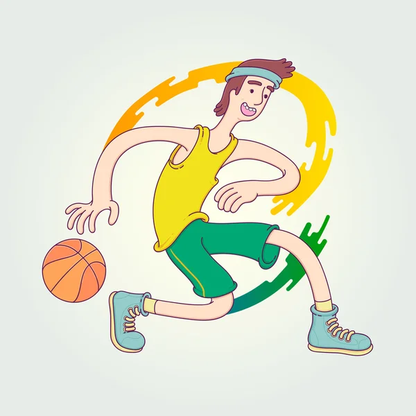 Personaggio cartone animato giocatore di basket si muove dribblare con un sorriso. Modello di design Vector Illustration con sport in stile lineare alla moda . — Vettoriale Stock