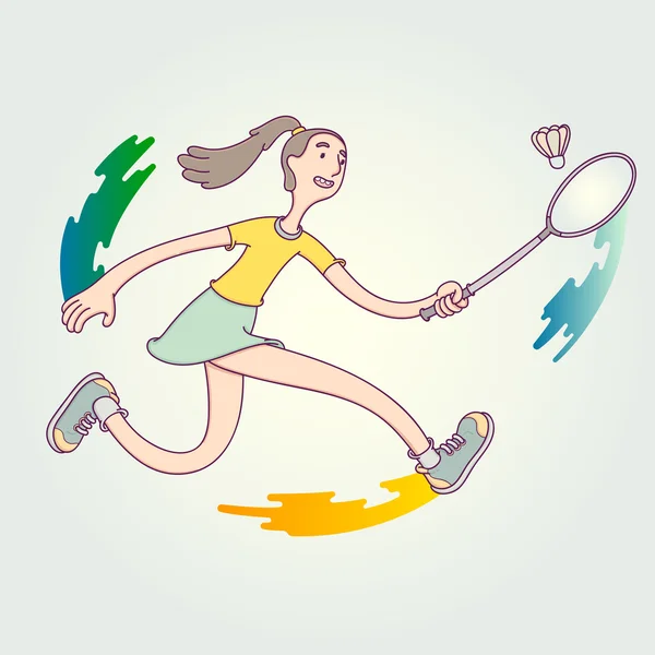 Η αθλητική γυναίκα έπαιζε μπάντμιντον. Διανυσματική απεικόνιση σχεδιασμός με αθλήματα απομονώνονται σε λευκό φόντο σε μοντέρνο γραμμικό στυλ. — Διανυσματικό Αρχείο
