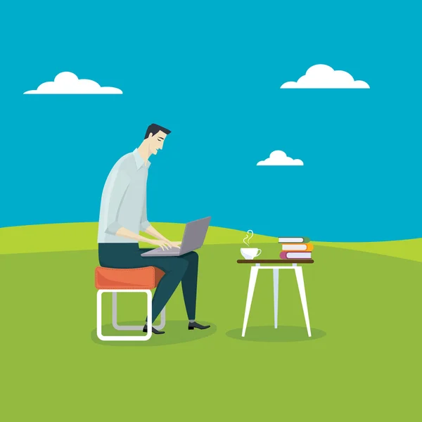 L'homme se détendre utiliser son ordinateur dans la pause café au milieu de prairie . — Image vectorielle