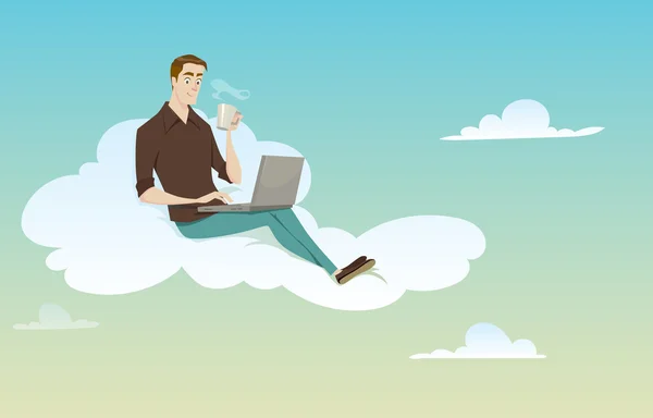 Young man sitting on the cloud using his computer on sunny weather in coffee break. — Stock Vector