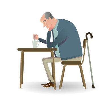 Sad senior man with cane sitting on a chair. Vector Illustration character of unhappy or sadly. clipart