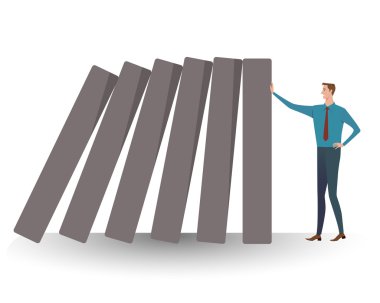 Çizgi film işadamı domino taşları, iş kavramı çatışma ve kriz çözme sorunu çöken durdurmayı deneyin.