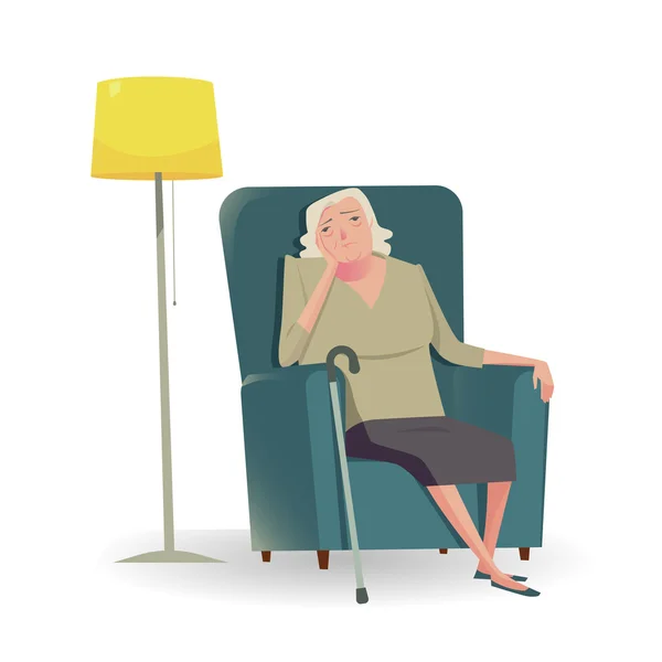 Triste mujer mayor con bastón sentada en una silla. Carácter ilustrativo vectorial de infeliz o tristemente . — Vector de stock