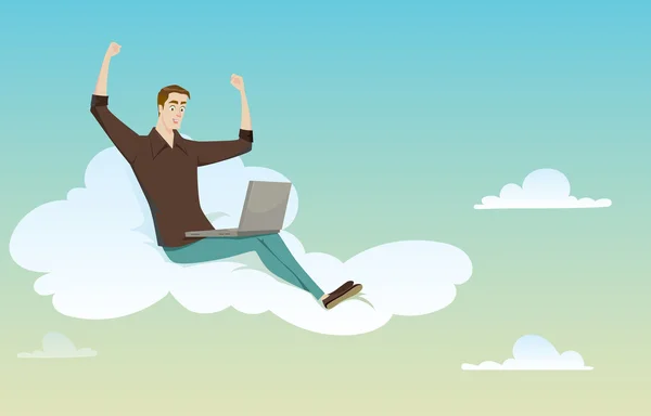 Молодой человек сидит на облаке и смотрит на свой компьютер счастливый за успех в солнечную погоду . — стоковый вектор