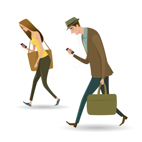 Retrato de comprimento total de pessoas andando e mensagens de texto ou falando no telefone inteligente. Ilustração vetorial isolada sobre fundo branco . — Vetor de Stock
