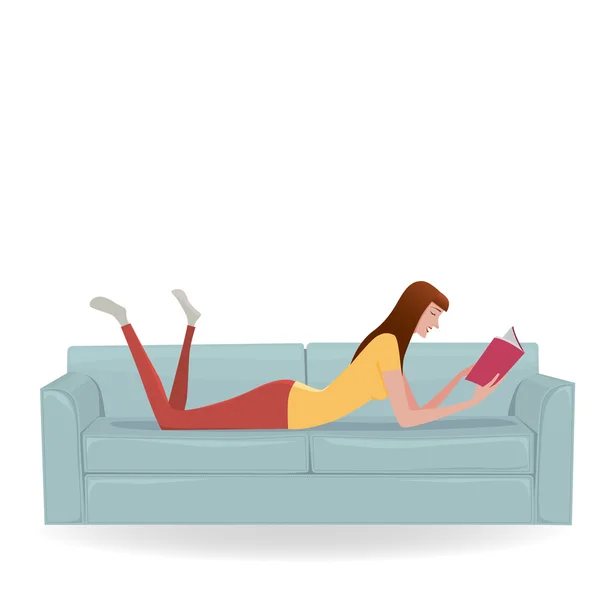 Cheerful young woman relax on a light blue sofa reading a book. Vectoe Illustration sisolated on white background. — Stock Vector