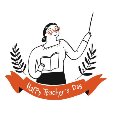 El yazısı koleksiyonu, elinde mutlu öğretmenler günü işareti olan bir kitap tutan bir kadın öğretmen çizdi..