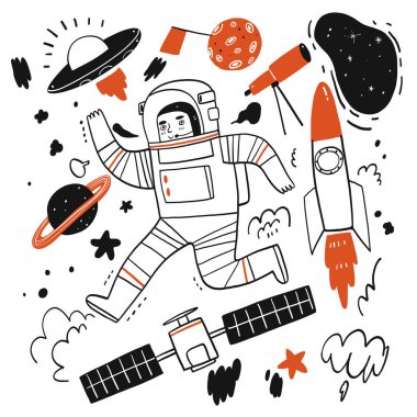 Uzay ya da astronot, Vektör İllüstrasyonu hakkında el çizimi öyküler