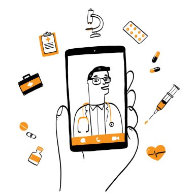 Erkek terapistle mesajlaşan akıllı telefon ekranı ve online danışma. Vektör karalama çizimi. Doktora sor. Çevrimiçi tıbbi danışmanlık, tele tıp, kardiyoloji