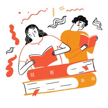 Çift favori kitabı okuyor, Vector Illustration beyaz arka planda karalama tarzı