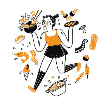 Pretty woman running her hand holding food, Illustration of a line art doodle style vector Pretty woman running her hand holding food, Illustration of a line art doodle style vector