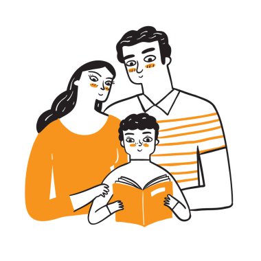 Anne ve baba sevimli oğullarının kitap okumasını izliyorlar. El çizimi Vektör Çizimi karalama biçimi