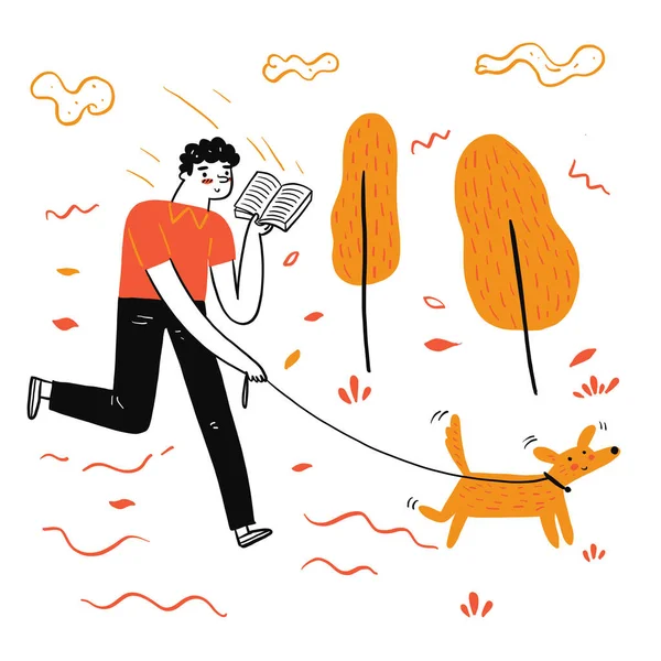 Homem Passeando Cão Lendo Livro Favorito Vector Ilustração Doodle Estilo — Vetor de Stock
