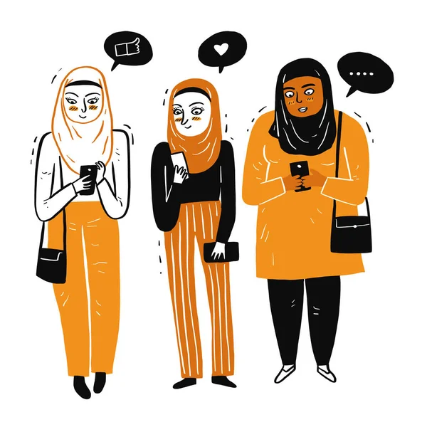 Las Mujeres Musulmanas Reunidas Usar Teléfono Inteligente Felizmente Día Brillante — Vector de stock