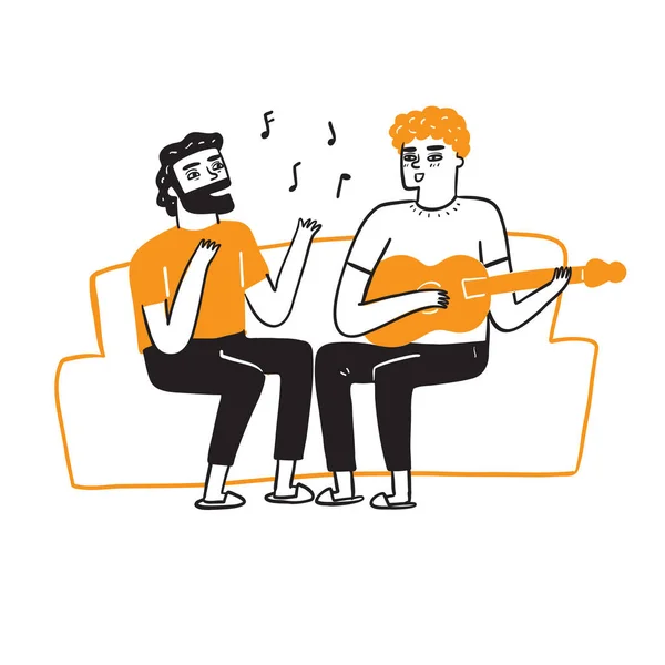 Mejores Amigos Homosexuales Están Cantando Tocando Guitarra — Vector de stock