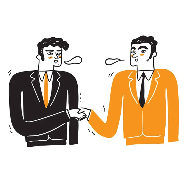 2人のビジネスマンの握手 パートナーシップの概念 契約を封印する手を振る 手描きベクトルイラストドアスタイル — ストックベクタ