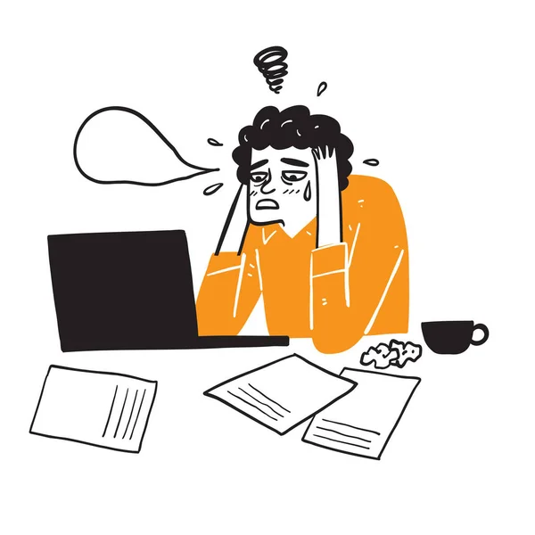 Illustration Businessman Working Remotely Emotional Regret Sadness Hand Drawn Vector — Stockvector