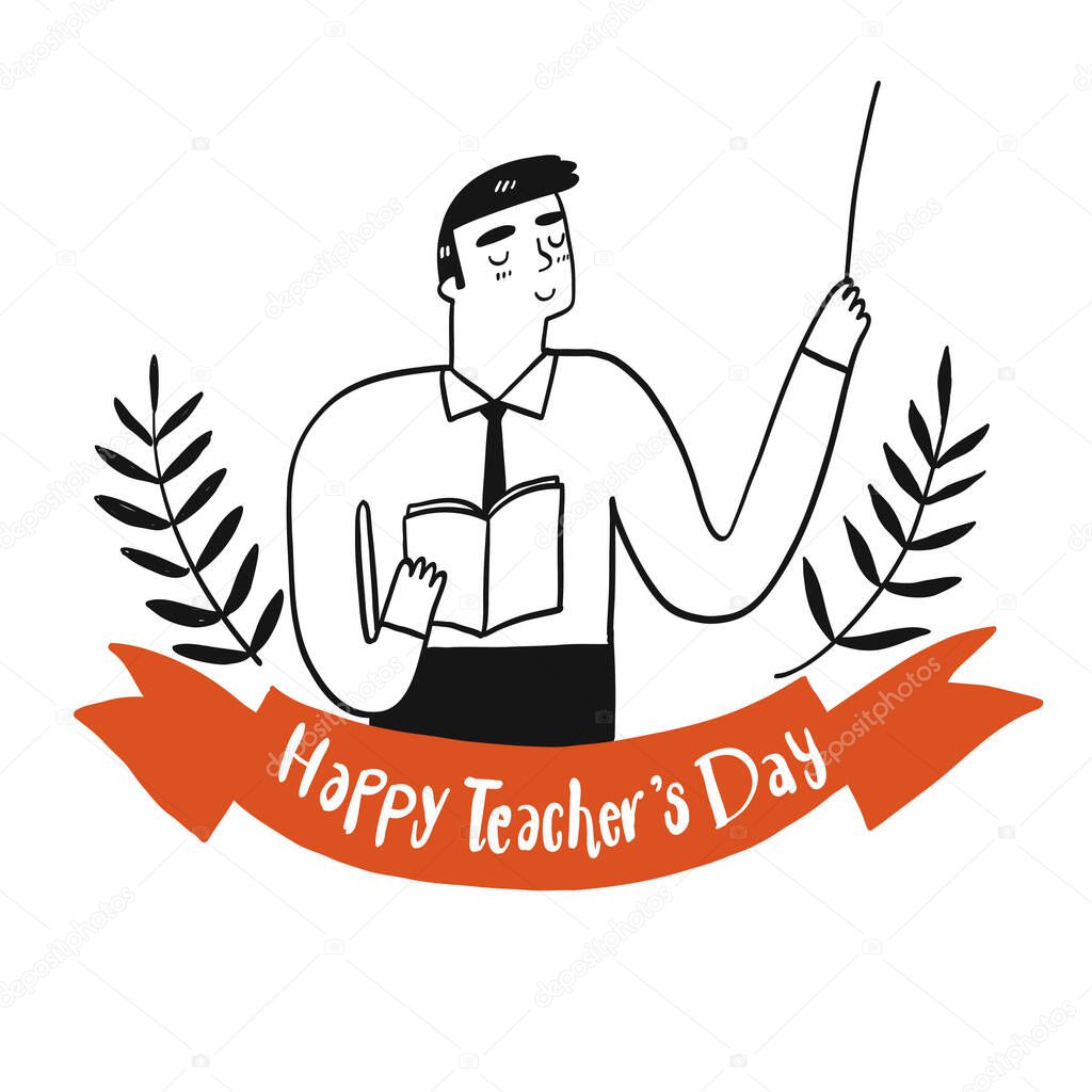 Collection of hand drawn a women teacher holding a book with the happy teacher's day sign.